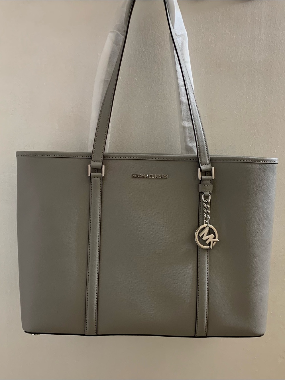 MICHAEL KORS Grey Saffiano Leather Tote with MK Charm